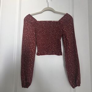 Cropped Women's Red Floral Smocked Long-Sleeve Top